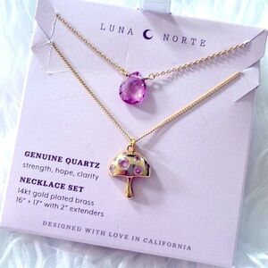 Brand New Luna Norte Genuine Quartz 14KT Gold Plated Necklace Set Mushroom